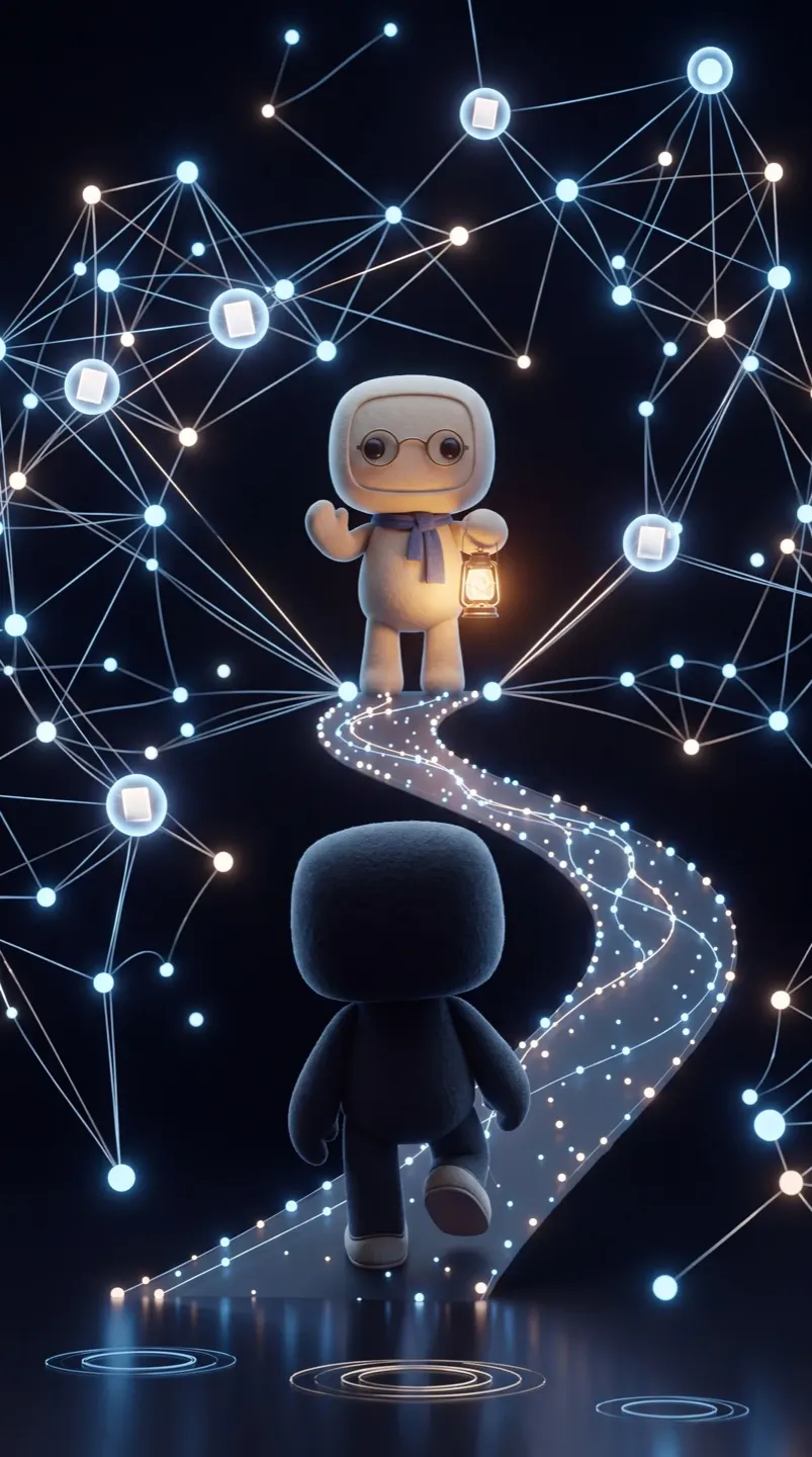 L'Archiviste, sa lanterne à la main, se tient sur une constellation de documents reliés entre eux ; Iwey remonte le chemin lumineux vers lui.