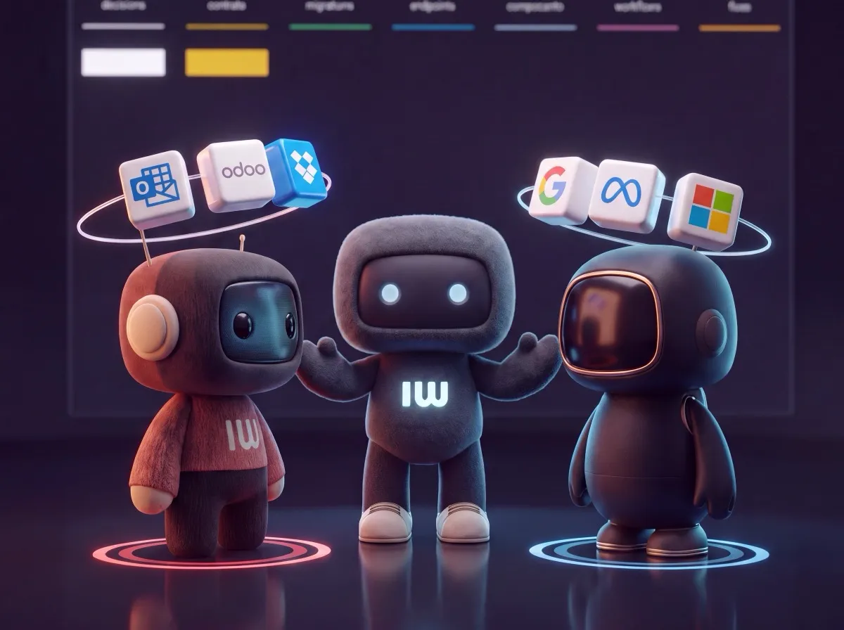 Trois agents et, en orbite autour d'eux, les outils de l'entreprise reliés entre eux.